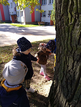 Dzieci stoją w kole wokół drzewa